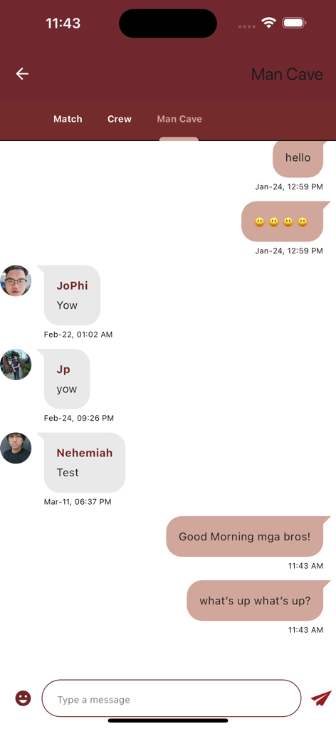 Boiling Waters - A group chat interface within the Man Cave community feature of the Boiling Waters dating app showing messages between users.
