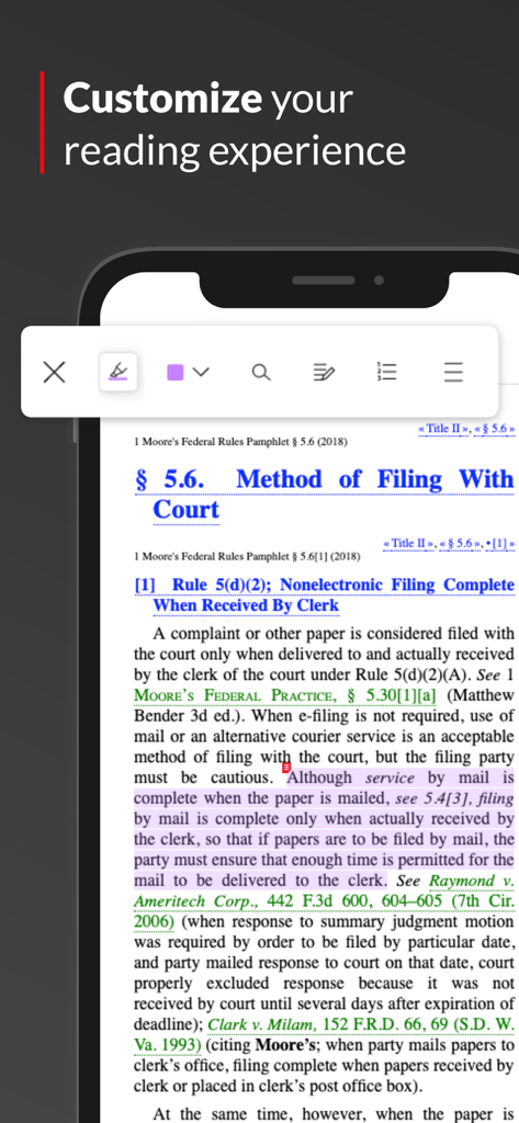 LexisNexis® Digital Library - Écran de l'application LexisNexis montrant du texte juridique avec surlignages violets et outils de lecture