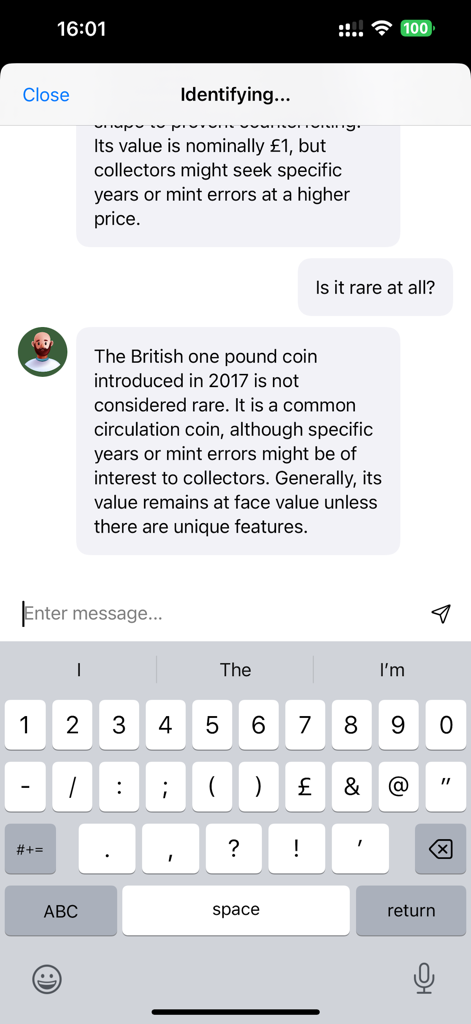 Coin Scanner: Identify & Value - AI chat interface in the Coin Scanner app explaining the rarity and value of a coin