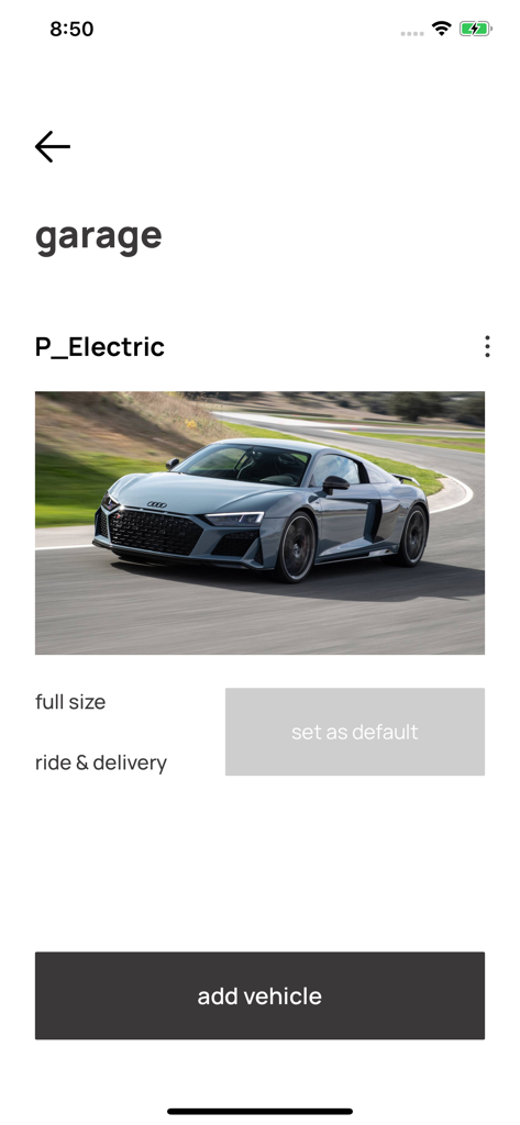SPARK driver - SPARK driver app garage screen displaying a vehicle and add vehicle option