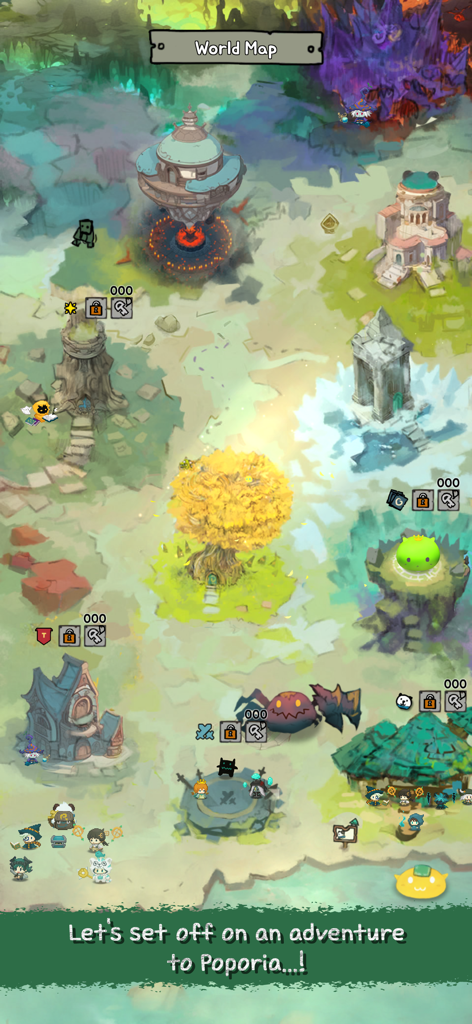 Pompo: Backpack Heroes - A vibrant and colorful fantasy world map of Poporia in Pompo Backpack Heroes featuring various locations and characters.