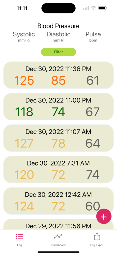 Offline BP Log - A chronological list of blood pressure readings including systolic diastolic and pulse values