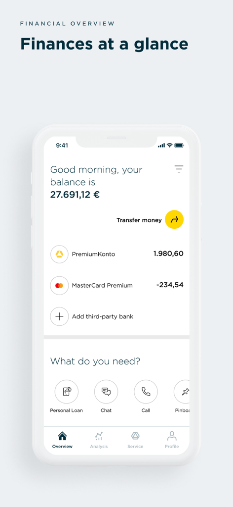 Commerzbank Banking - Commerzbank 모바일 뱅킹 대시보드에 계좌 잔액 및 금융 개요가 표시됨