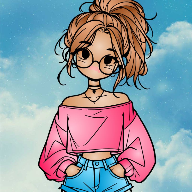 girl with a messy ponytail glasses a baggy crop top and jean shorts