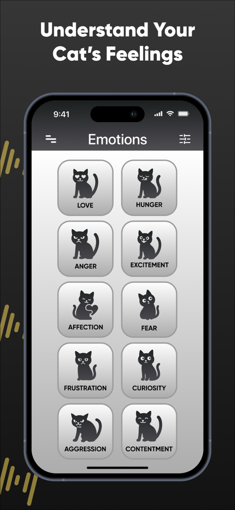 NeowTalk: Cat Translator - Una interfaz móvil de la aplicación NeowTalk que muestra una cuadrícula de emociones de gatos que incluyen amor, hambre y excitación para ayudar a los dueños de mascotas a entender a sus gatos.