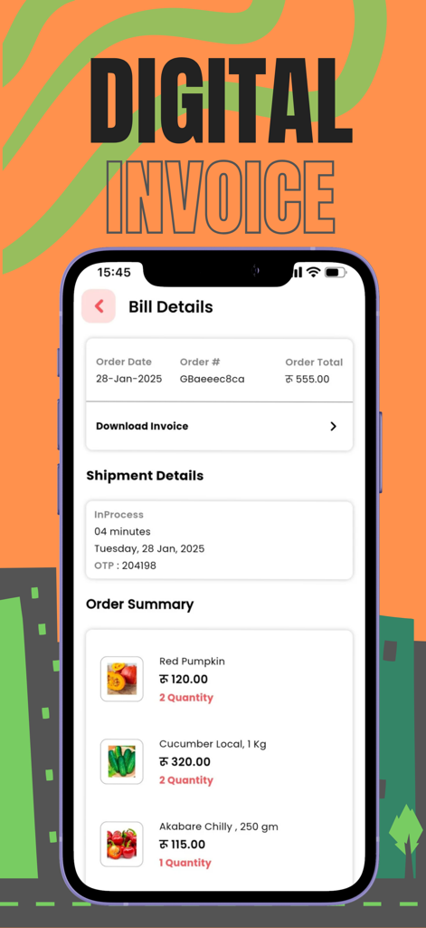Delli Drop - Eine mobile App-Bildschirmansicht zeigt Details zur digitalen Rechnung und eine Bestellübersicht für frisches Gemüse