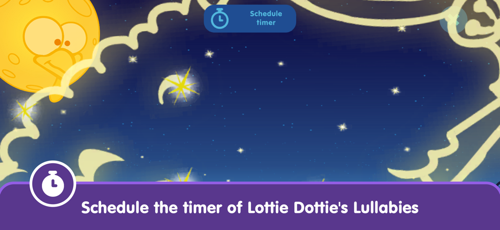 Lottie Dottie Chicken app lullaby sleep timer feature with night sky background