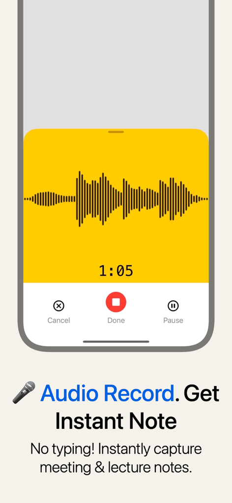 Melonote:AI Voice to Text Note - Melonoteアプリのオーディオ録音画面。サウンド波形とタイマーが表示され、会議や講義のメモを即座にキャプチャします。