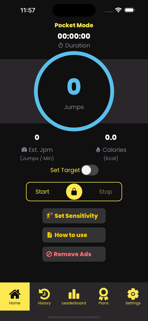 Jump Rope Counter with Calorie - Main interface of the Jump Rope Counter app showing tracking metrics for jumps calories and workout duration