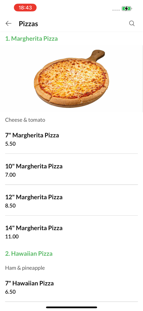 Rominos Pizza - Digital menu of Rominos Pizza app displaying Margherita pizza sizes and prices