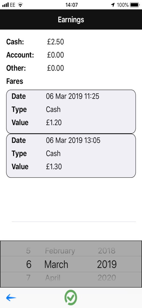 UK Taxi Buddy - A screenshot of the earnings log in the UK Taxi Buddy app showing daily cash and account fares