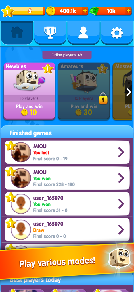 Yatzy Arena® Lucky Dice World - Yatzy Arena mobile app interface showing player game modes and recent match results