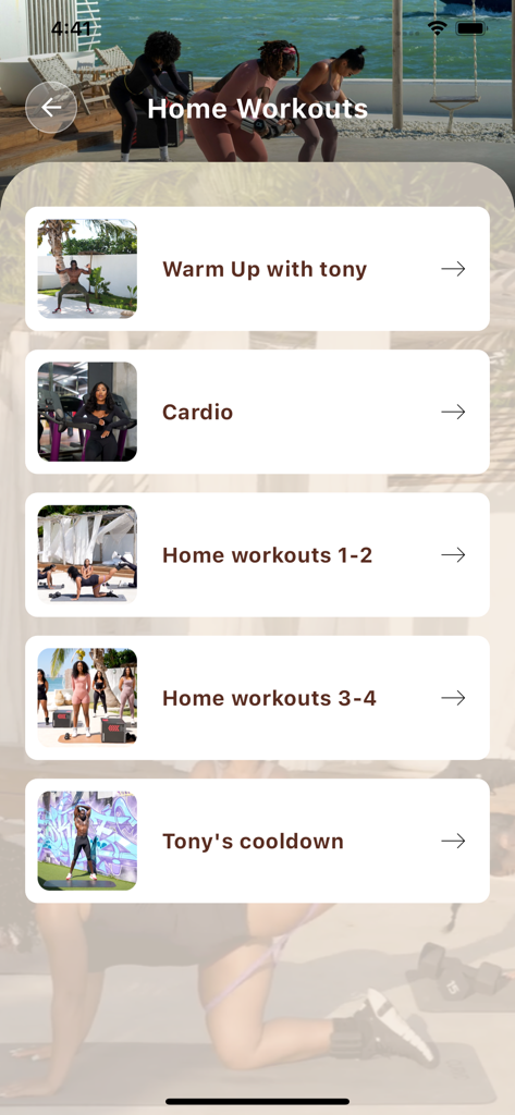 CURVD by Capri Curves - A list of home workout routines available in the CURVD by Capri Curves fitness app including warm up, cardio, and cooldown sessions.