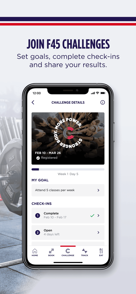 F45 Training - Interface de l'application F45 Training montrant les détails du défi avec des options pour fixer des objectifs et s'enregistrer
