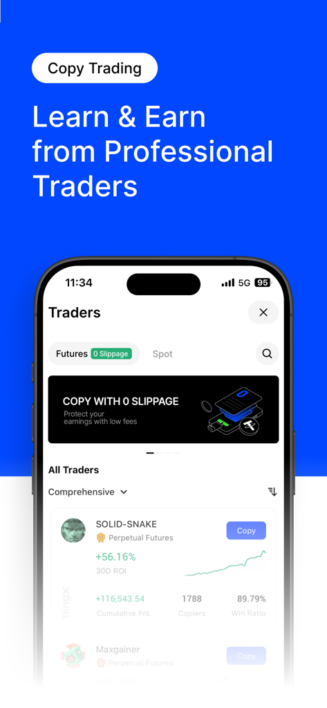 Interface de l'application mobile BingX montrant la fonction de copy trading avec des statistiques de traders professionnels et le ROI