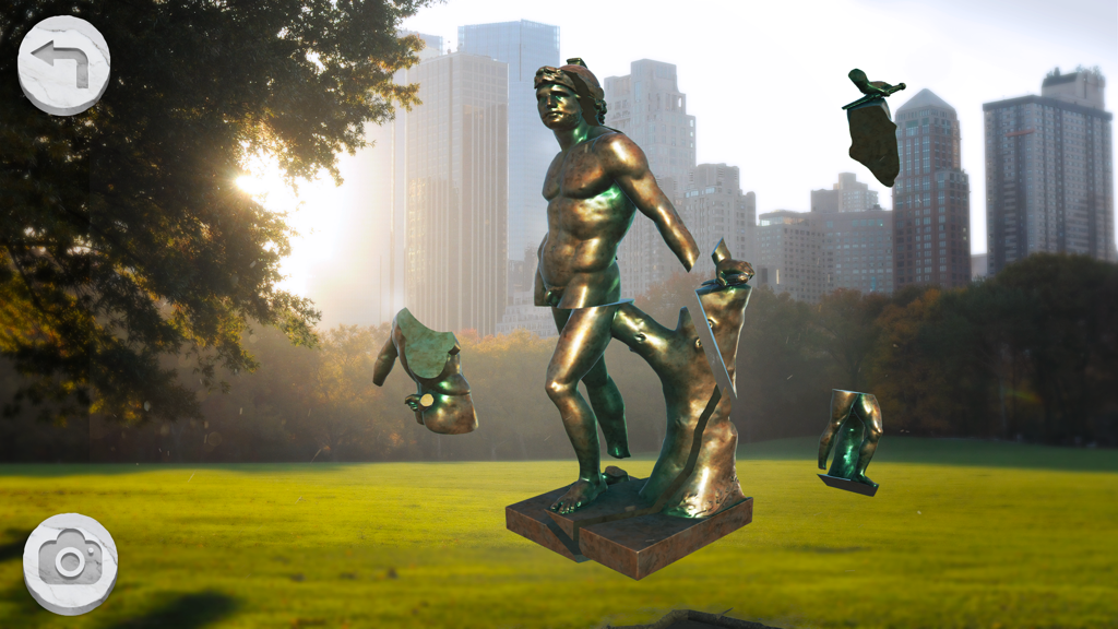 AMON - Augmented reality puzzle game AMON showing a fragmented 3D sculpture in a city park