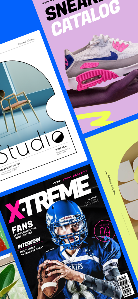 Collage von professionell gestalteten digitalen Magazin- und Katalog-Covern, einschließlich eines Sportmagazins und eines Sneaker-Katalogs