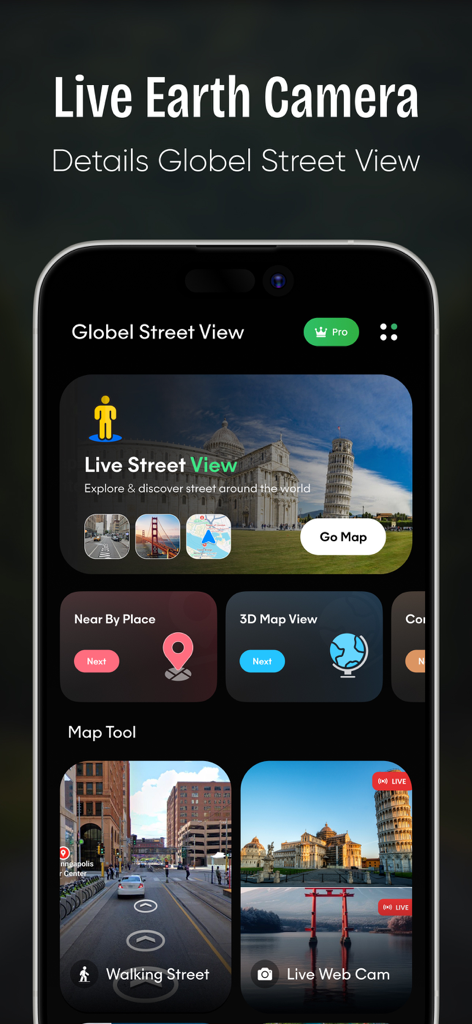 Live Earth Camera Street View - Smartphone screen showing the Live Earth Camera Street View app interface with features like live street view 3D maps and web cams