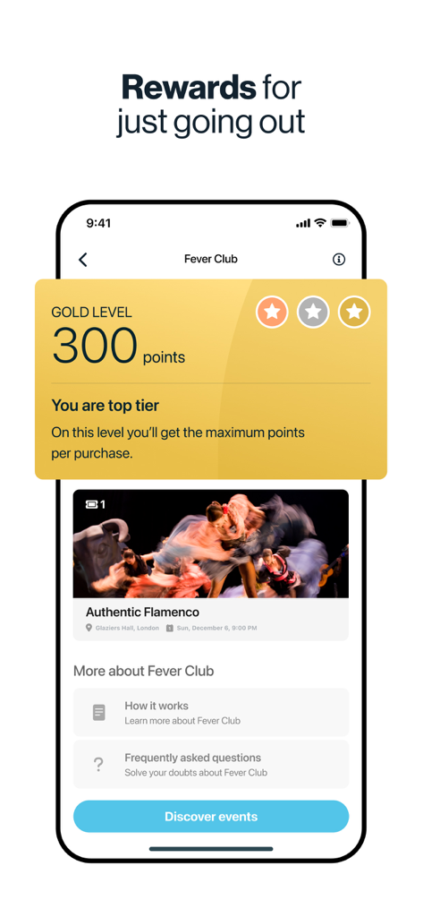 Fever: Events & Tickets - Fever app interface showing the Fever Club rewards program with gold level status and points earned.