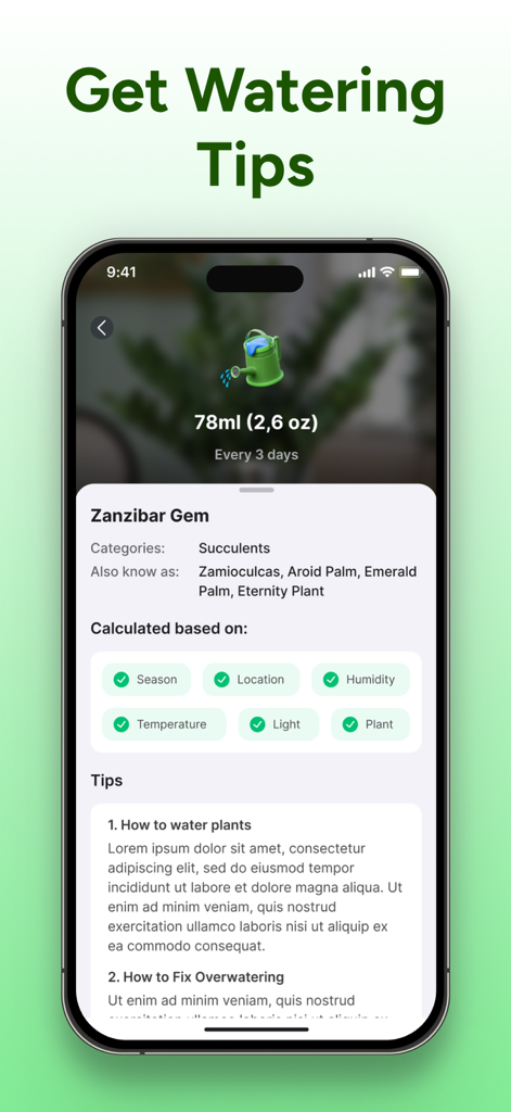 PlantCheck: Plant Identifier - Pantalla de la aplicación PlantCheck mostrando el calendario de riego personalizado y las instrucciones de cuidado para una planta de Gemela de Zanzíbar