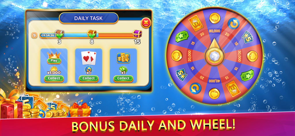 Solitaire UnderSea Tripeaks - Daily task board and lucky reward wheel in Solitaire UnderSea Tripeaks