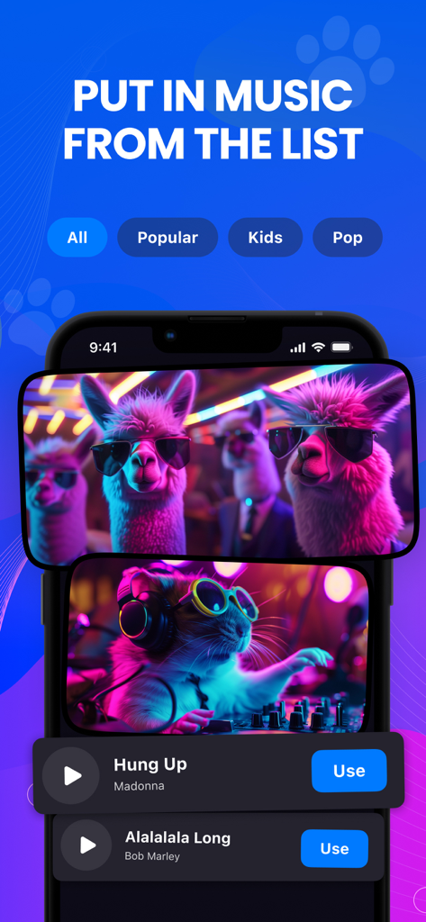 Talking Pet AI: Cat & Dog Talk - Interface do aplicativo Talking Pet AI mostrando seleção de música para animações de pets com um hamster DJ e lhamas de óculos de sol