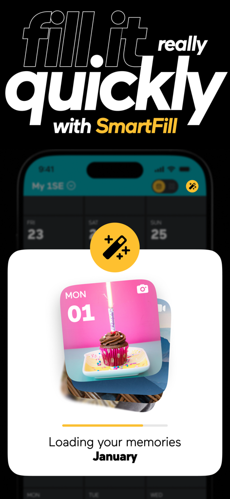1 Second Everyday app interface displaying the SmartFill feature loading monthly memories.