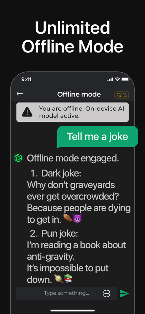 Un'interfaccia mobile di ChatBot AI che evidenzia la funzionalità di modalità offline illimitata con un modello AI attivo sul dispositivo.