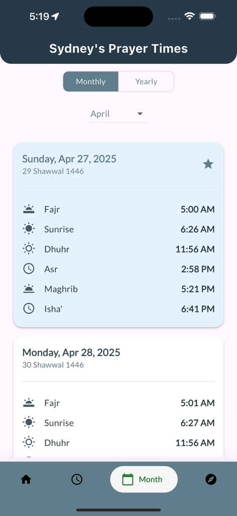 Sydney prayer times and Hijri calendar schedule on the 2MFM app interface