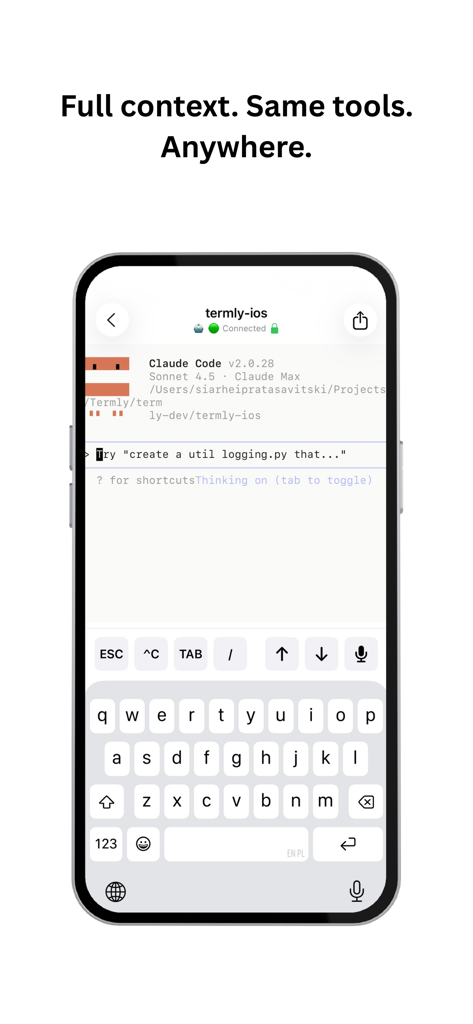 Termly - Interface do terminal do aplicativo Termly no iPhone com um prompt de assistente de codificação de IA.
