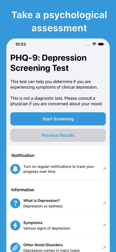 Depression Test⁺ - Home screen of the Depression Test app featuring the PHQ-9 clinical screening assessment and mental health resources