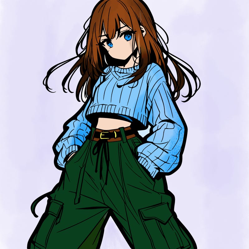 anime teen girl with baggy pants and crop top with sweater
