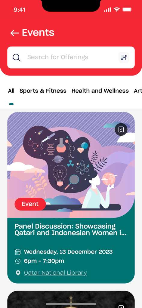 Education City - エデュケーションシティのイベントを表示するモバイルアプリ画面。カタール国立図書館でのパネルディスカッションが含まれています。