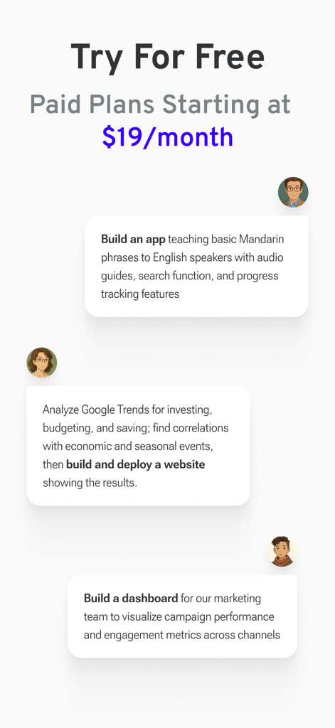 Información de precios para Ninja AI a partir de diecinueve dólares al mes con ejemplos de tareas complejas de agente autónomo como la creación de aplicaciones y sitios web.