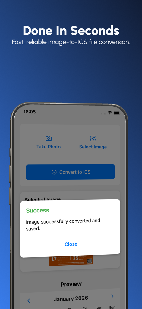 Photo2Calendar Scanner Planner - Una notificación de éxito en la aplicación Photo2Calendar para la conversión rápida de imagen a archivo de calendario.