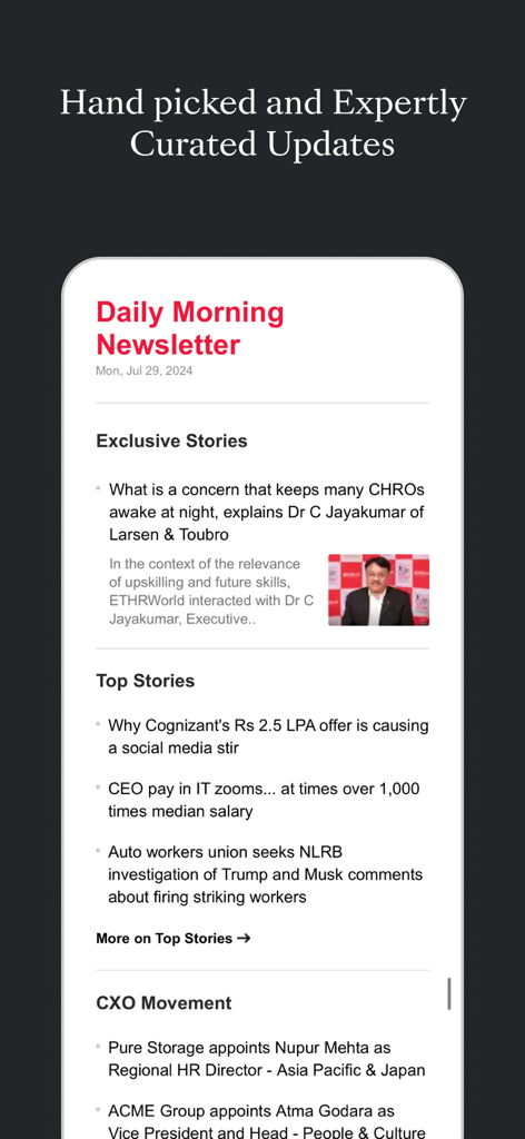 인사 산업 뉴스 및 임원 동향 업데이트가 포함된 엄선된 일일 아침 뉴스레터를 보여주는 ETHRWorld 앱 인터페이스.