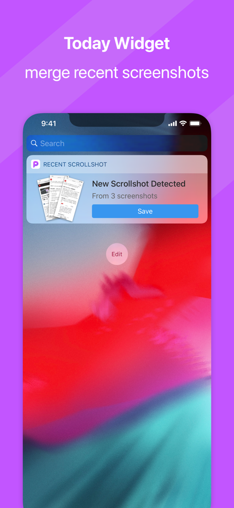 Picsew Today Widget on iPhone showing a notification to merge recent screenshots into a single scrollshot