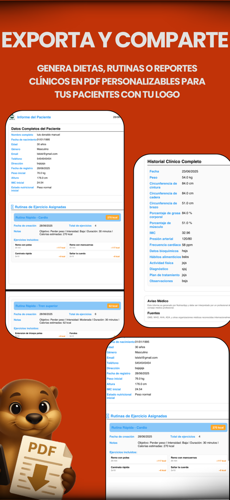 NutriasApp - Pantalla de NutriasApp que muestra informes clínicos en PDF personalizables y rutinas de ejercicio para pacientes