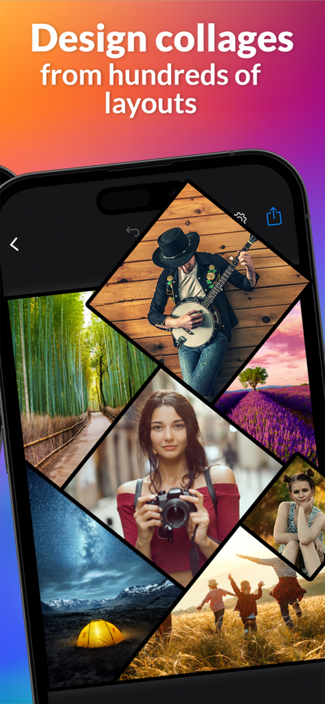 A smartphone screen displaying the piZap app with a creative multi-photo collage layout