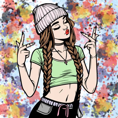 realistic teenage girl with braids and a beanie and crop top doing 🫶🏼