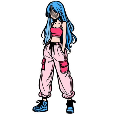 girl in baggy pants crop top and long hair