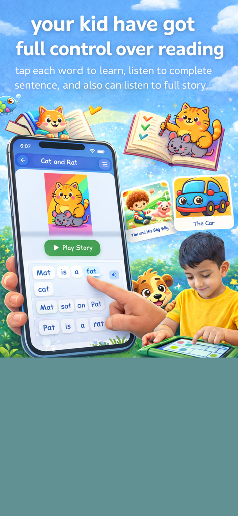 Kids Academy - Learn and Play - Un niño usa la aplicación Kids Academy para aprender a leer con una historia interactiva y tocando palabras.
