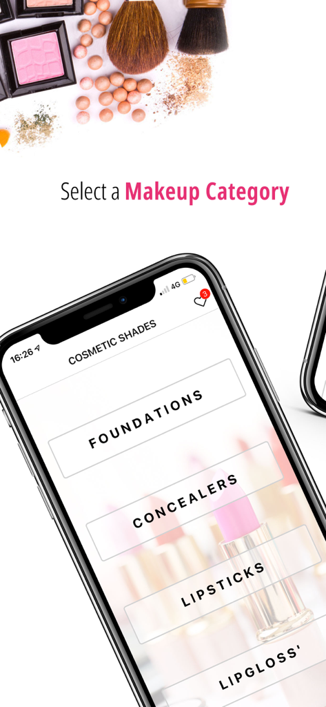 Cosmetic Shades mobile app home screen for selecting makeup categories like foundations and concealers