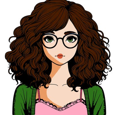 realistic girl with frizzy hair in a middle part the girl is wearing glasses a tank top and a cardagin