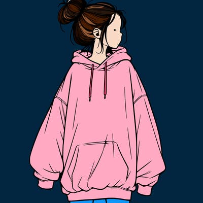 realistic girl with a oversized sweatshirt on and a bun
