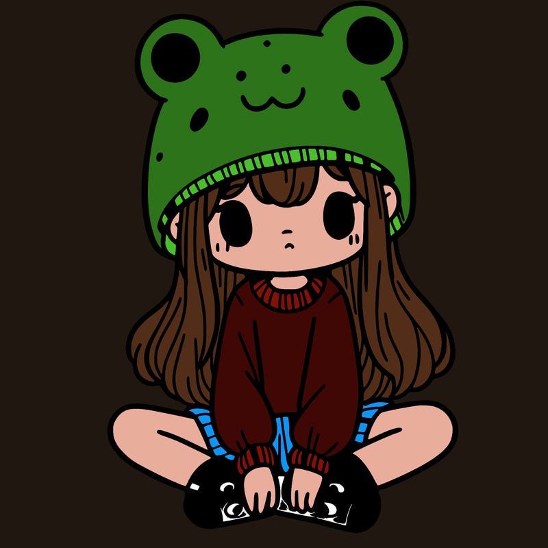 a girl wearing a frog hat and some frog socks
