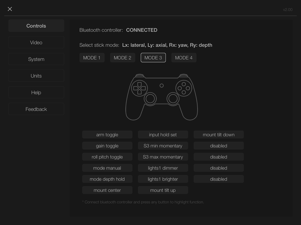 BlueROV Control - Mapeo de botones y pantalla de configuración del gamepad Bluetooth en la aplicación Control BlueROV