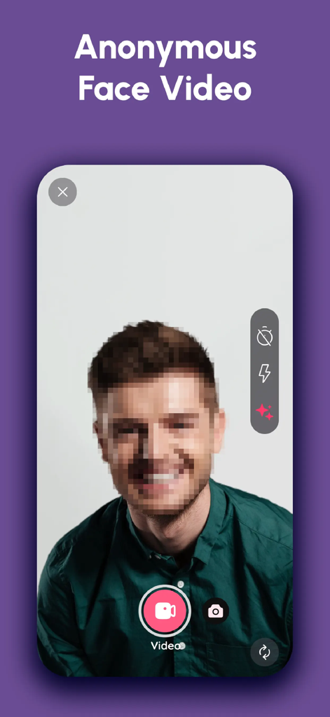 Time warp scan: Face warp - Pantalla de aplicación móvil que muestra un filtro de video de cara anónima con un efecto de cara pixelada