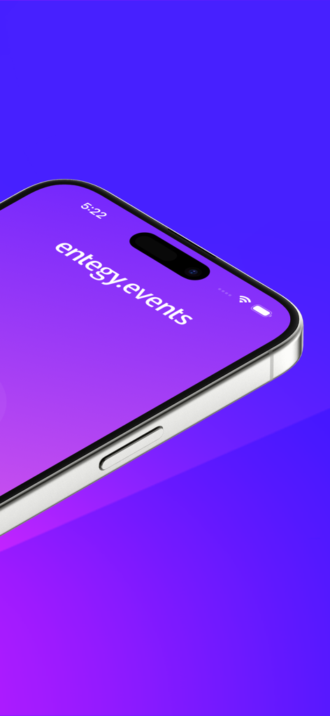 Smartphone screen displaying the Entegy Events logo on a vibrant purple background