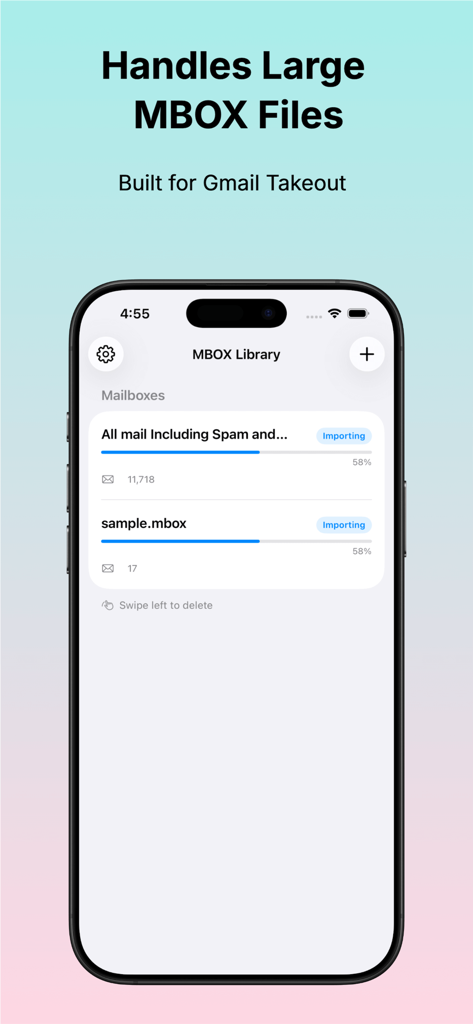 MBOX Viewer - A screenshot of the MBOX Viewer app showing the import progress of large email archive files on an iPhone interface.